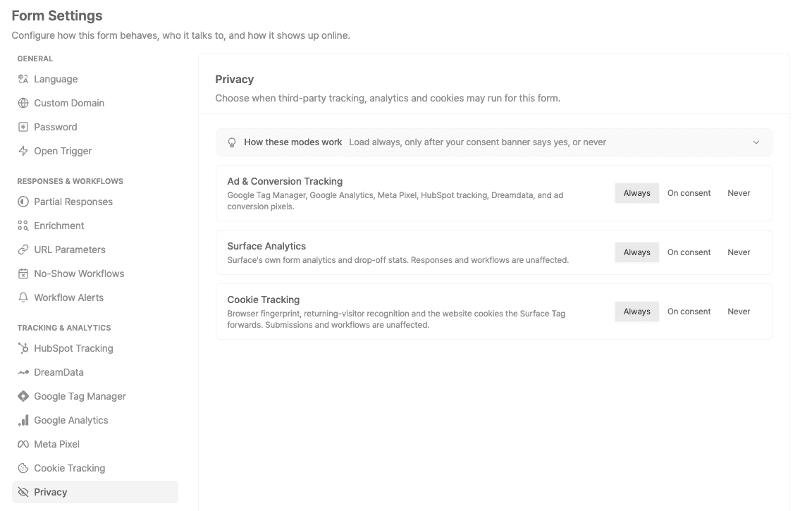 The form Privacy settings