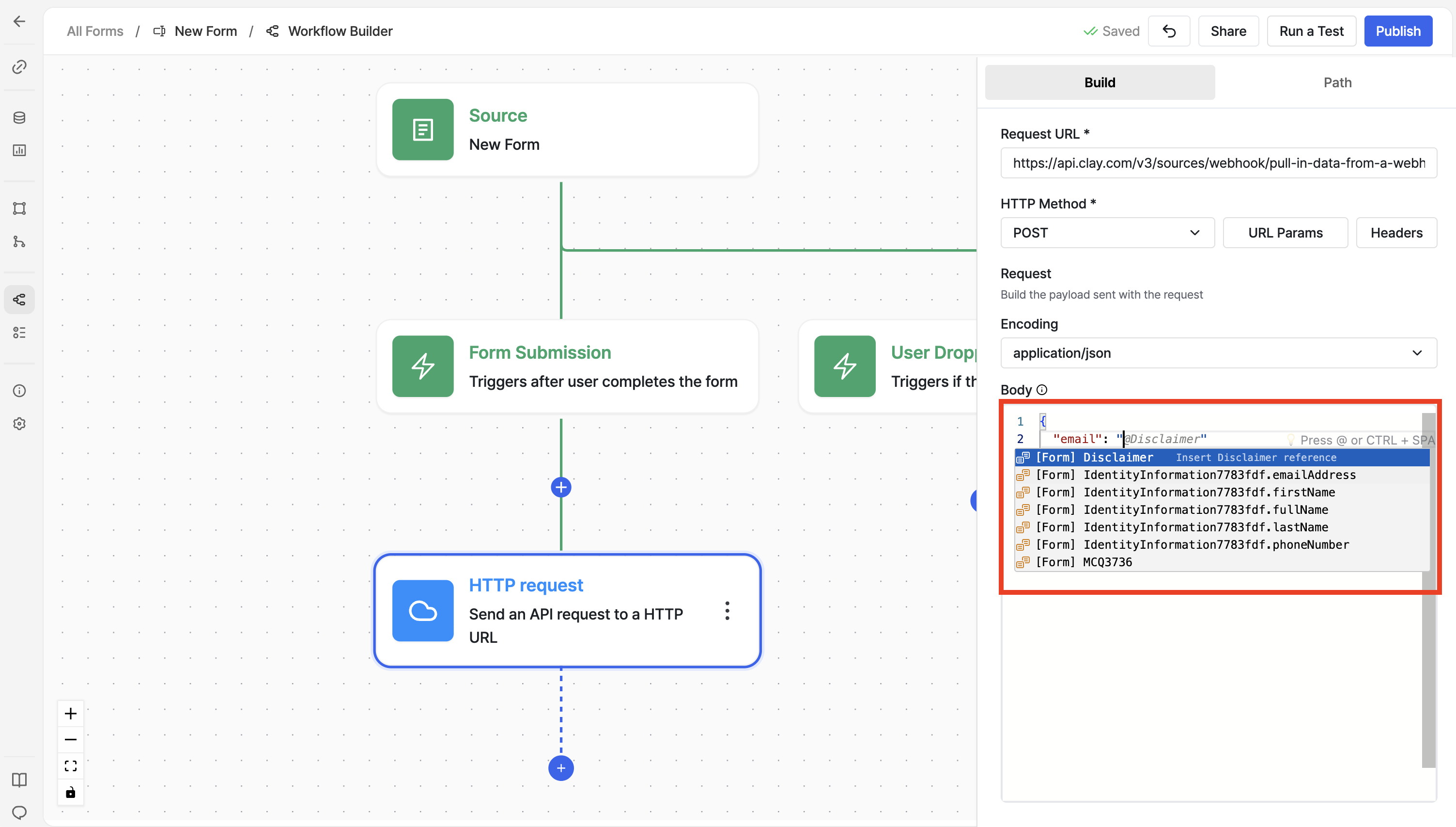 Configure HTTP Request: URL, POST method, and JSON body
