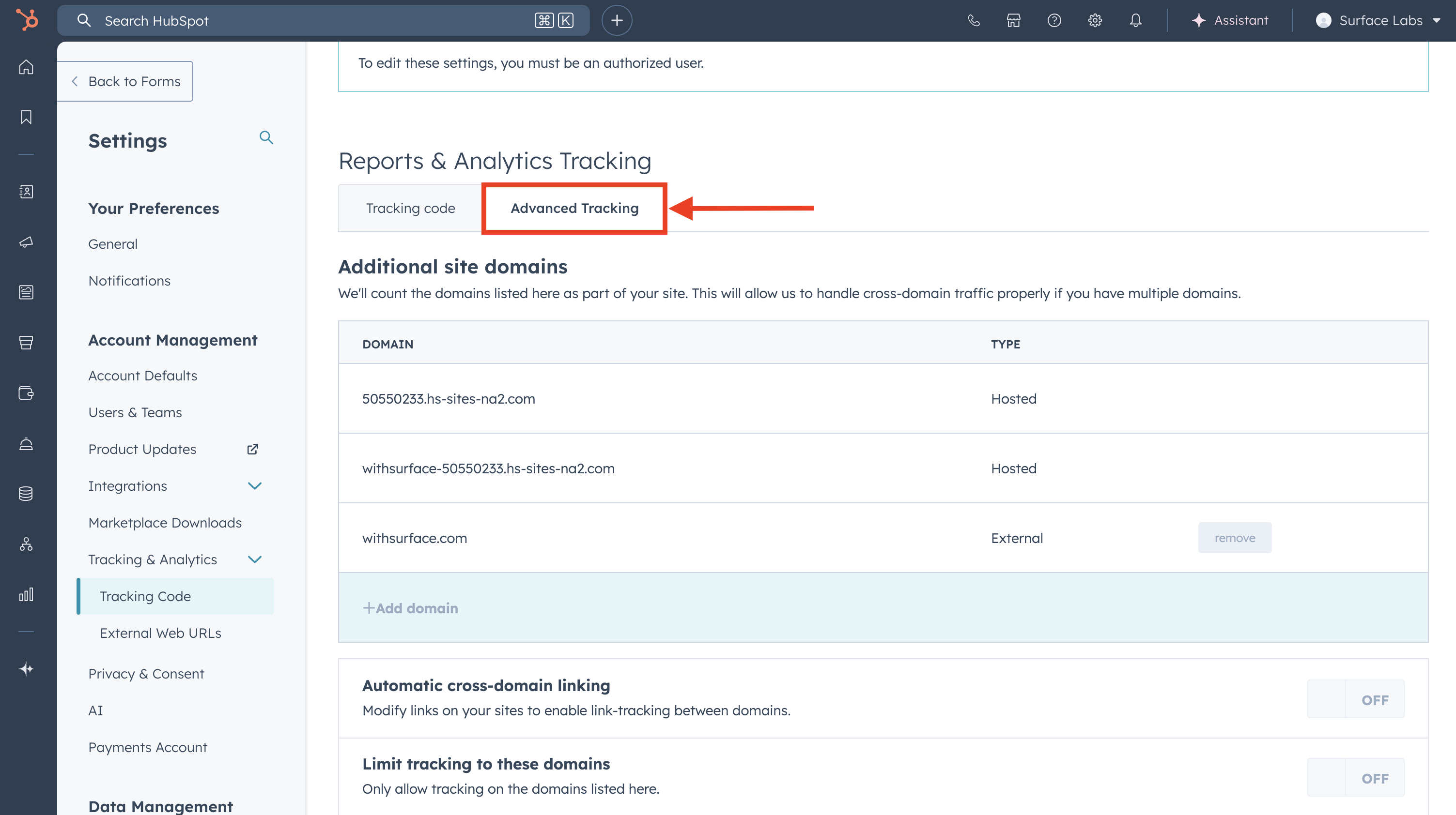 HubSpot Additional Site Domains settings